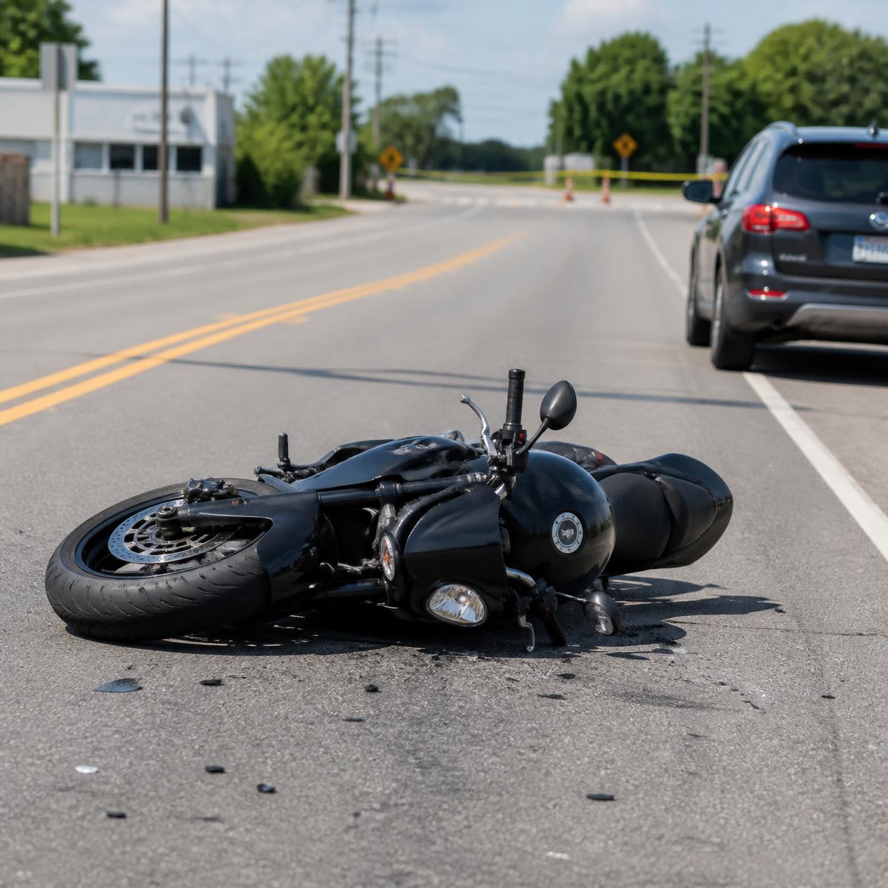 Motorcyclist standing near damaged motorcycle after a traffic accident in Texas